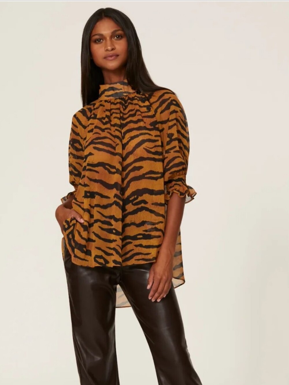 Adam Lippes Tiger Print Mock Neck Blouse Sz10